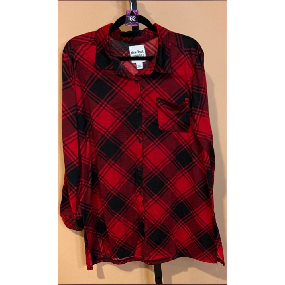 New York Laundry Womens XL Red Black Plaid Button Down Long Sleeve Shirt Pocket